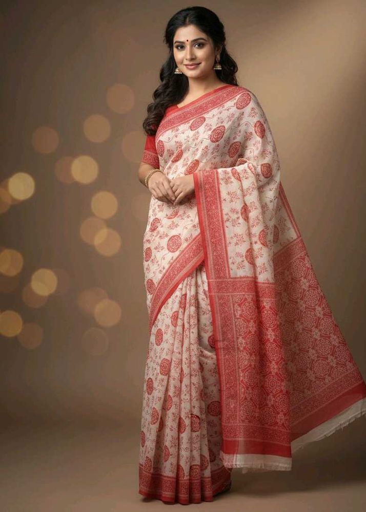 Red &amp; White Cotton Saree