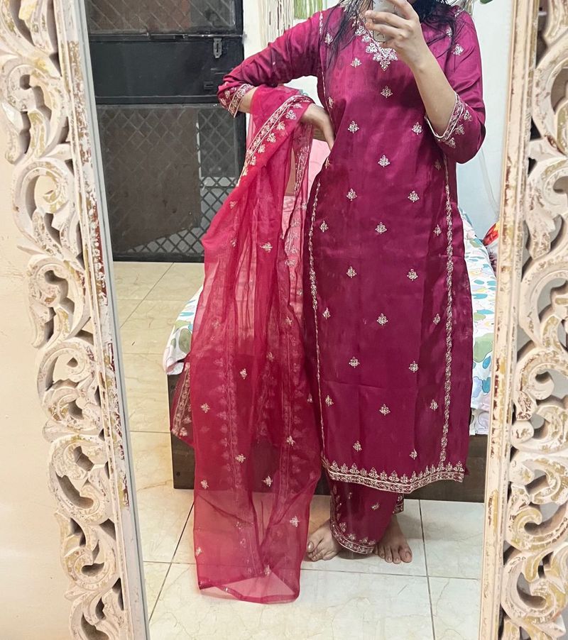 Magenta Embroidered Kurta Set