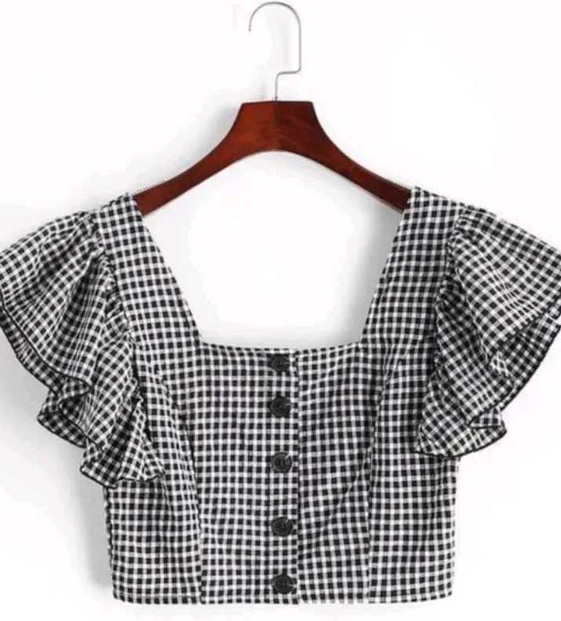 Gingham Ruffle Sleeve Crop Top