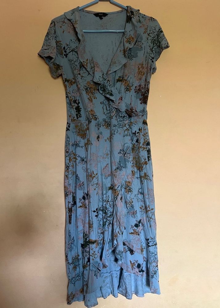 WRAP BLUE PRINTED DRESS