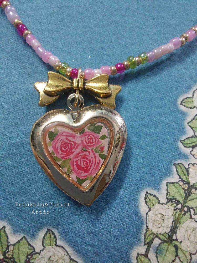 Hand painted Beaded Heart Locket Necklace