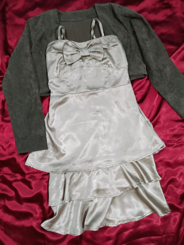 Satin Silk Dress With Crop Coat Imported