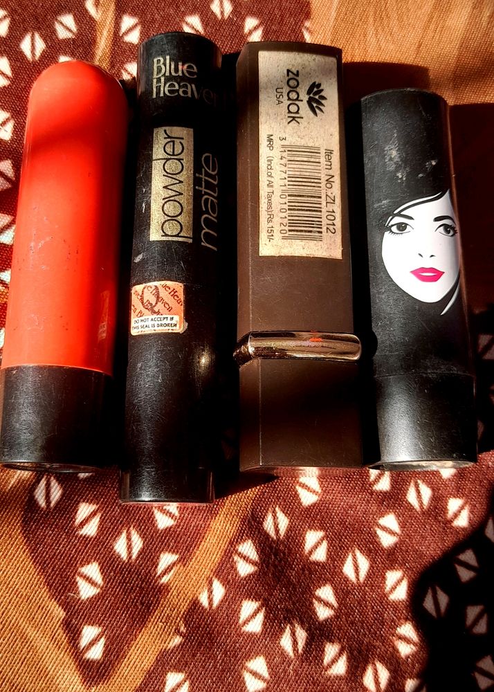 4 Lipsticks Combo, 1 Zodak Red, 2. Elle 18 Mauve Date, 3 Ads Nude Shade, 4: Blue Heaven Powder Matte Lipstick Shade Brick Beauty 😍