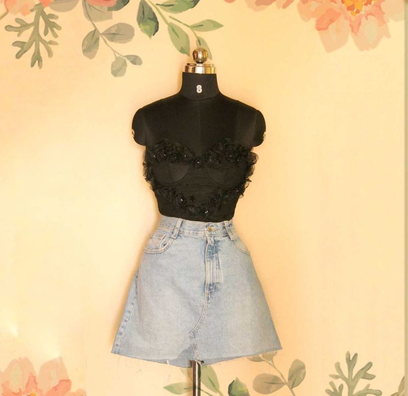 3D Flower Black Corset With Beads
