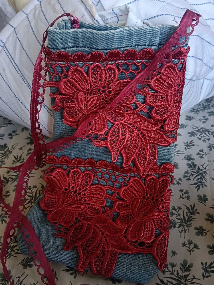Denim &amp; Lace Crossbody Phone Bag