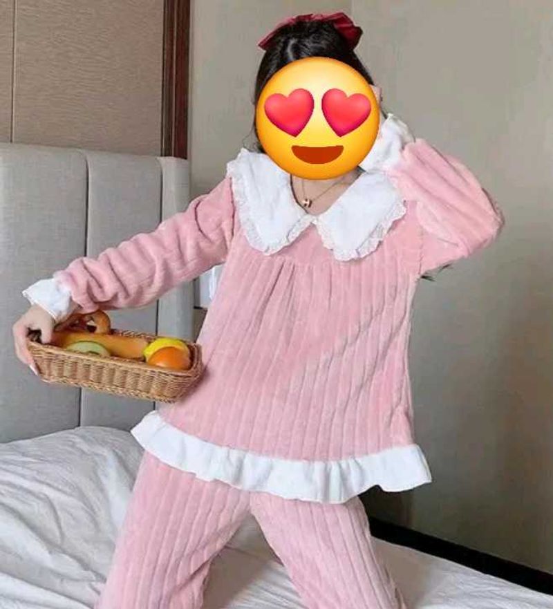 Cute Pink Fluffy Warm Pajama Set