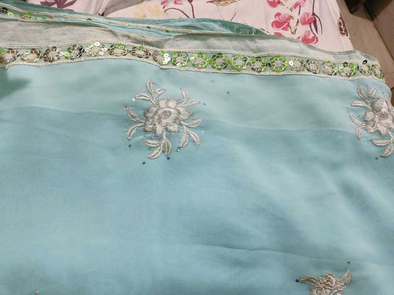 Beautiful Light Sky Color Embroidery Saree