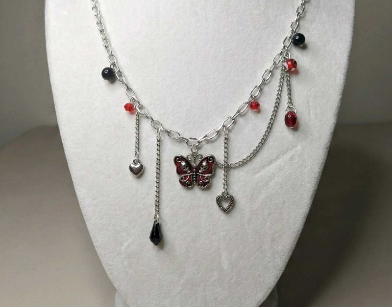 Gothic Skull Butterfly Charm Beaded Necklace