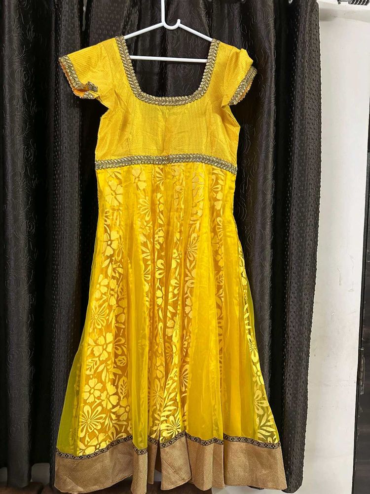 Yellow Anarkali Dress With Net Duppata &amp; Pant