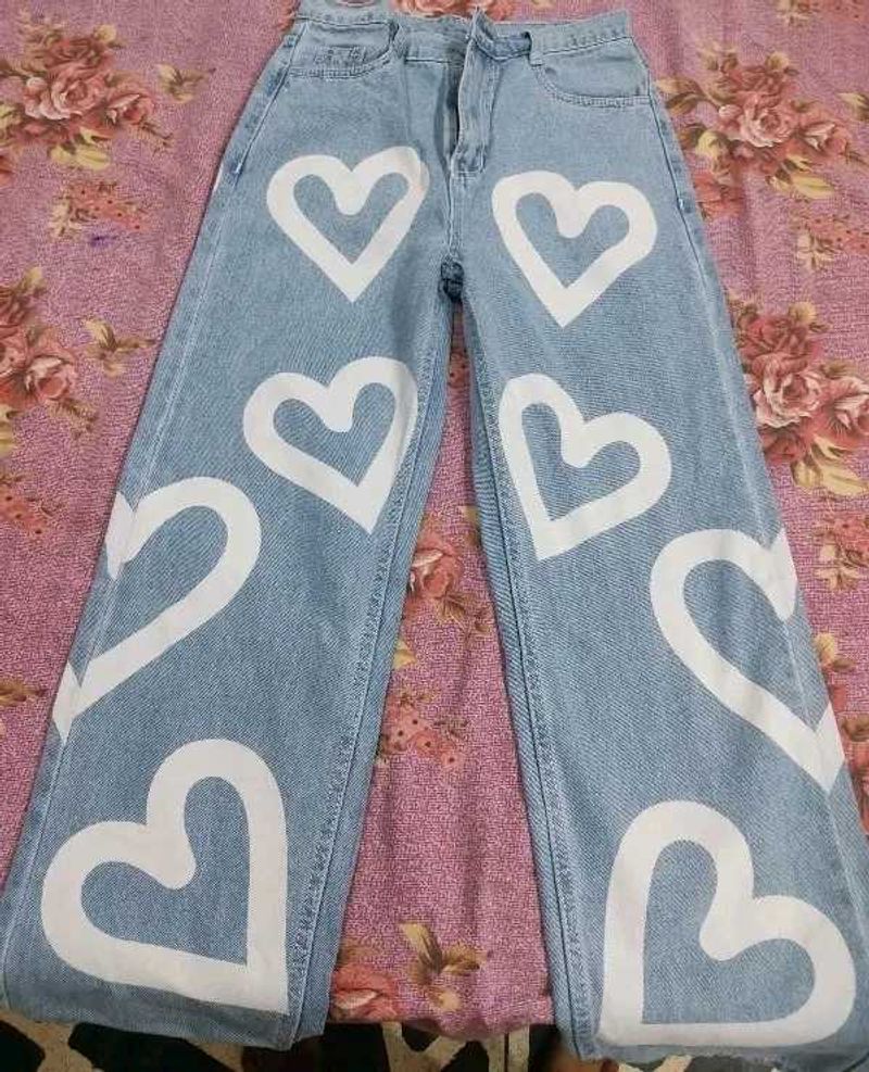 Heart Print Wide Leg Jeans