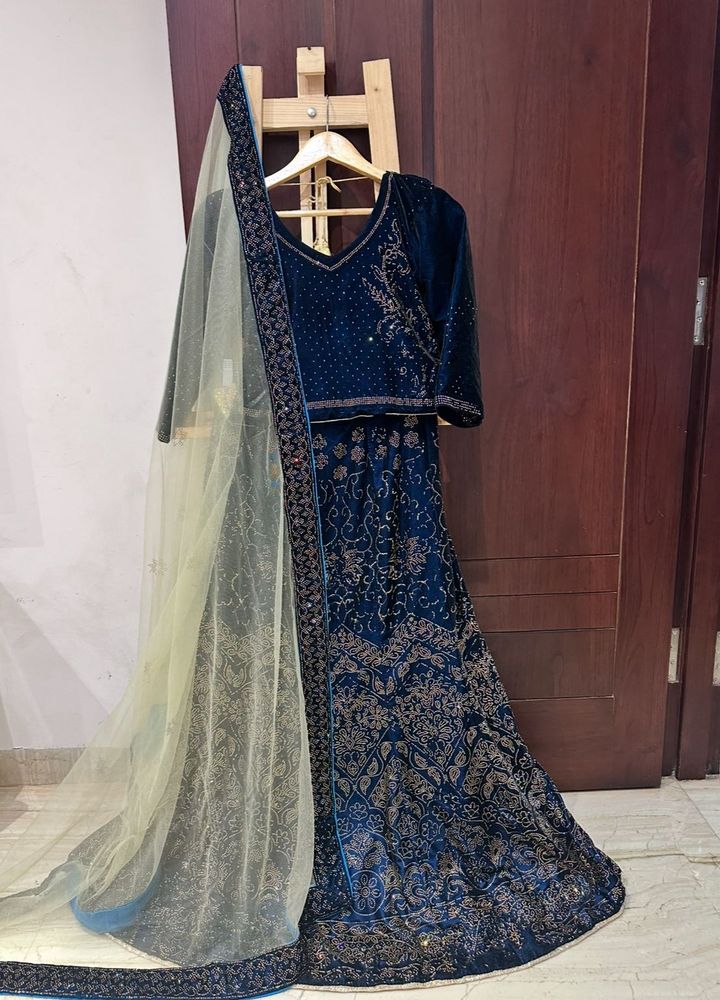 Elegant Blue Velvet Lehenga Choli