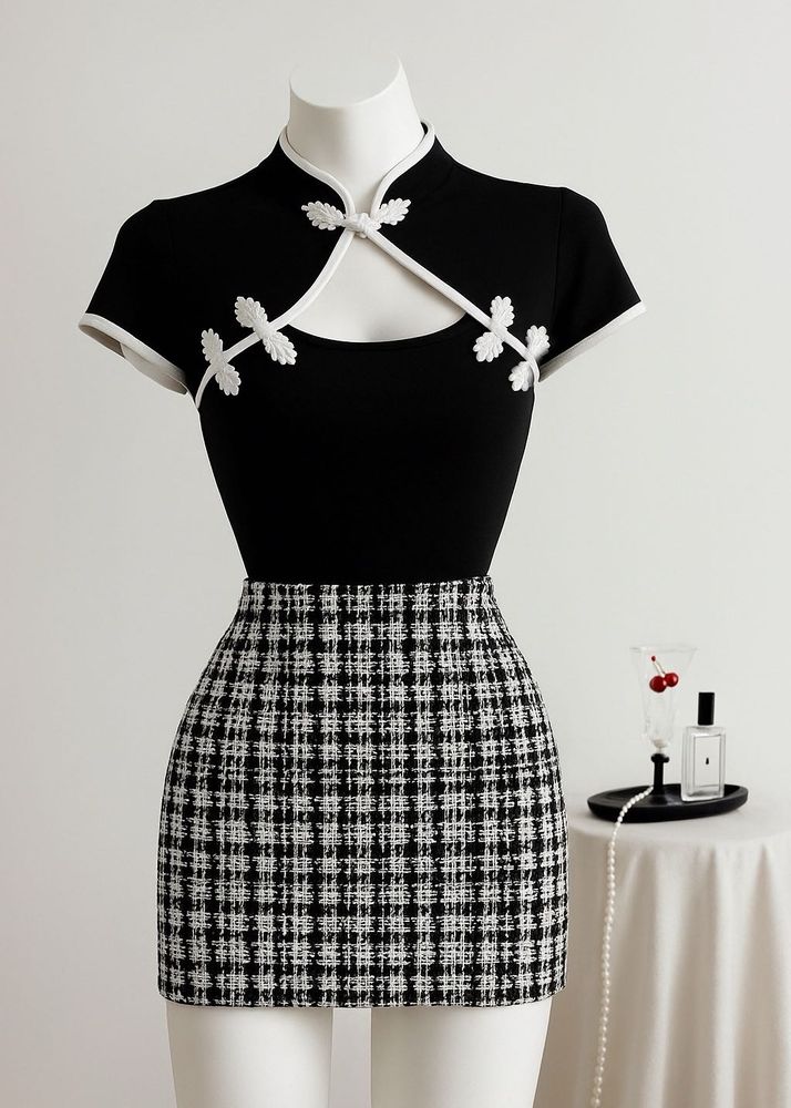 Chic Black &amp; White High neck Collard Top