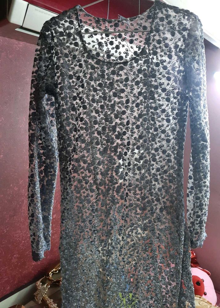 Grey Net Embroidered Jacket Kurti