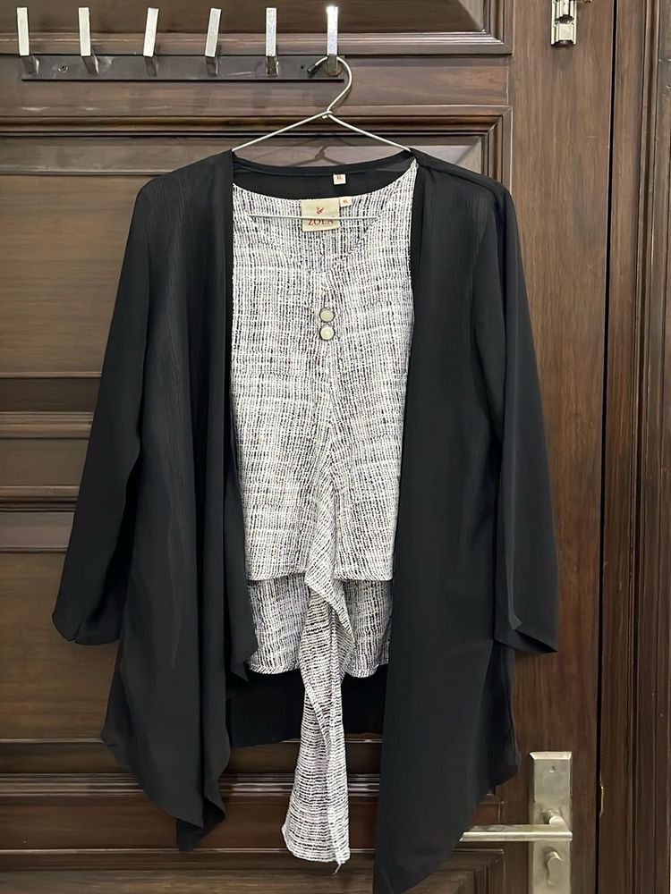 Black Cardigan &amp; Patterned Top Set
