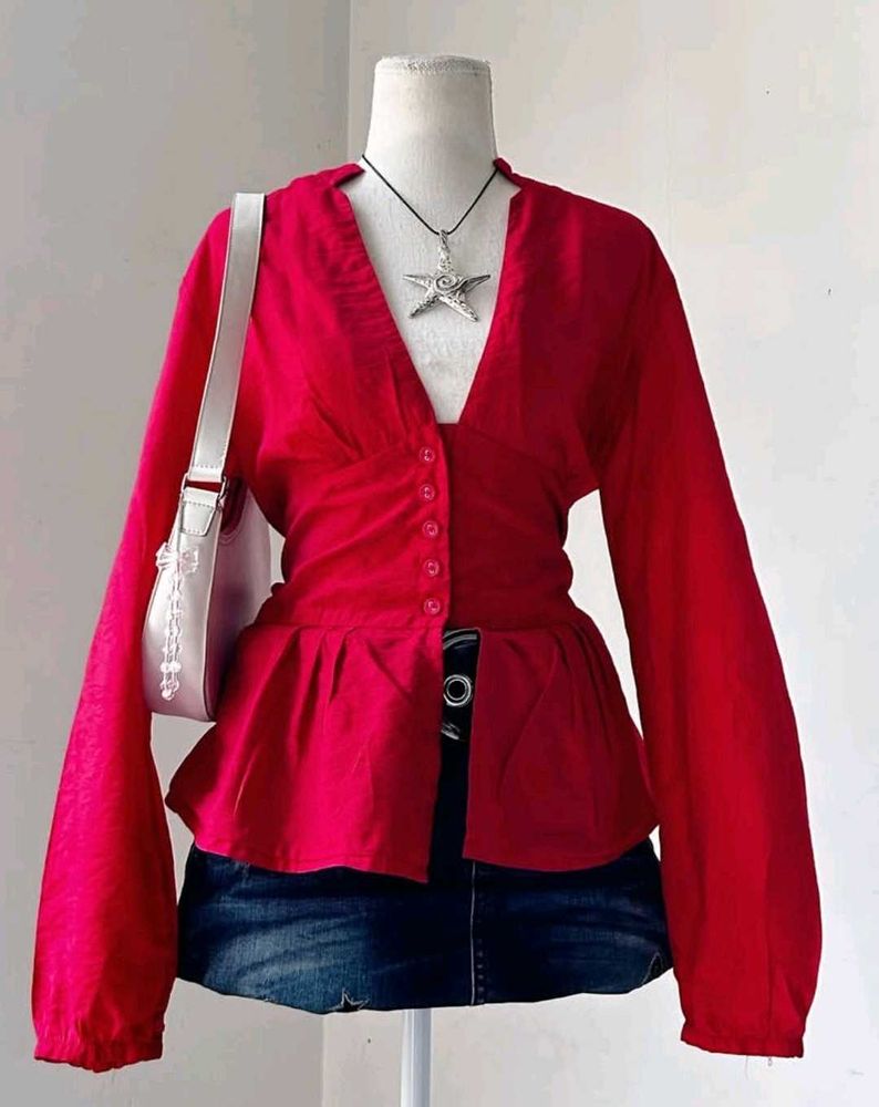 Red Peplum Button-Down Top