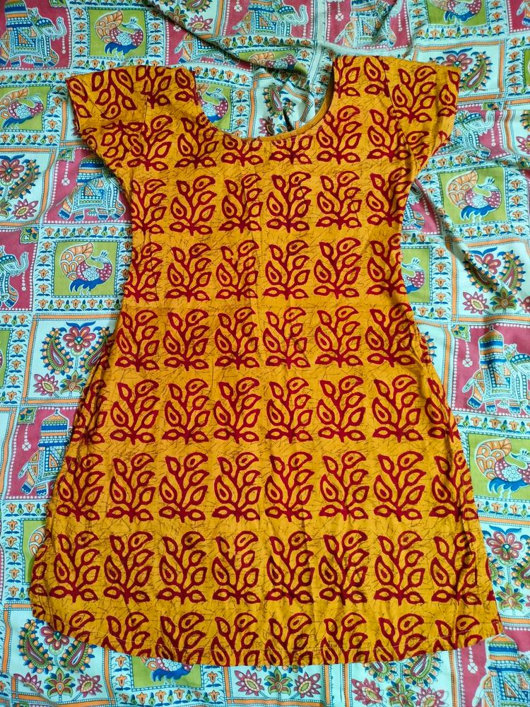 Yellow &amp; Red Leaf Print Dress With Dupatta