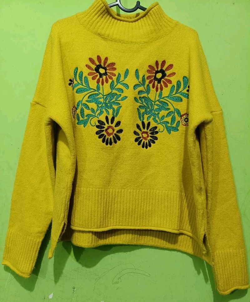 Floral Embroidered Yellow Sweater