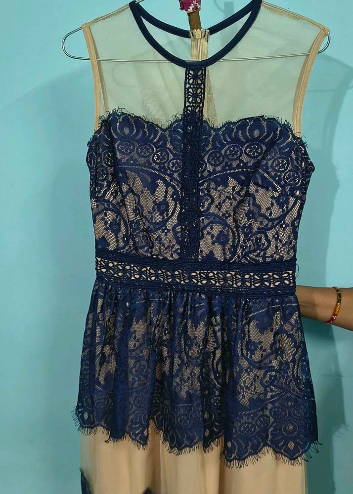 Stylish Lace Overlay Dress – Blue &amp; Nude
