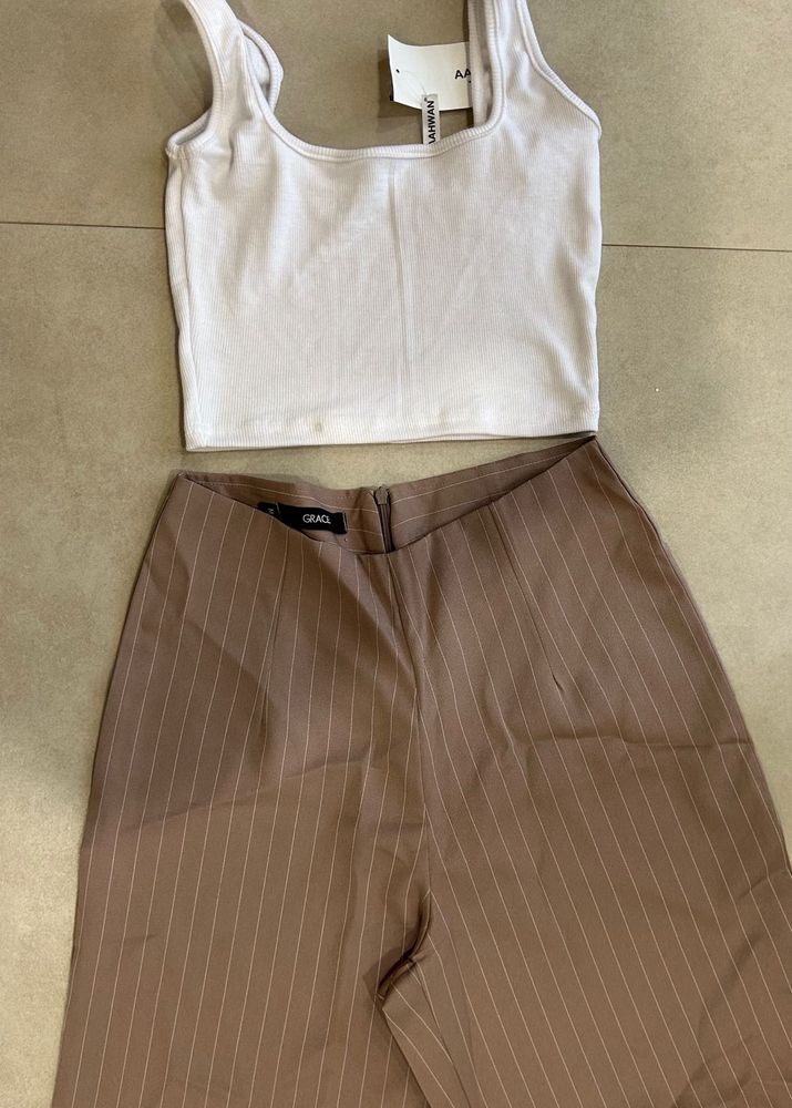 Pinstripe Pants &amp; White Tank Top Set