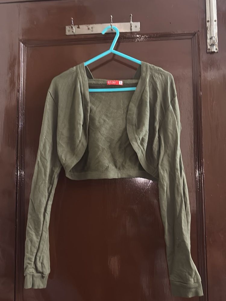Olive Green Long Sleeve Hooded Shrug Jacket