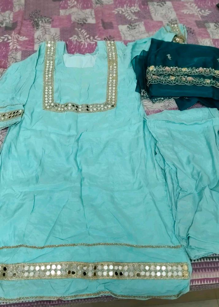 New Mirror Work Kurta Set With Organza Dupatta