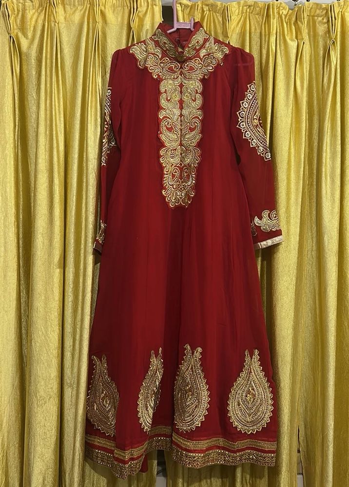 Red &amp; Gold Embroidered Dress With Duppata &amp; Bottom