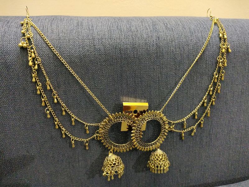 Gold tonned earrings with ear Chain