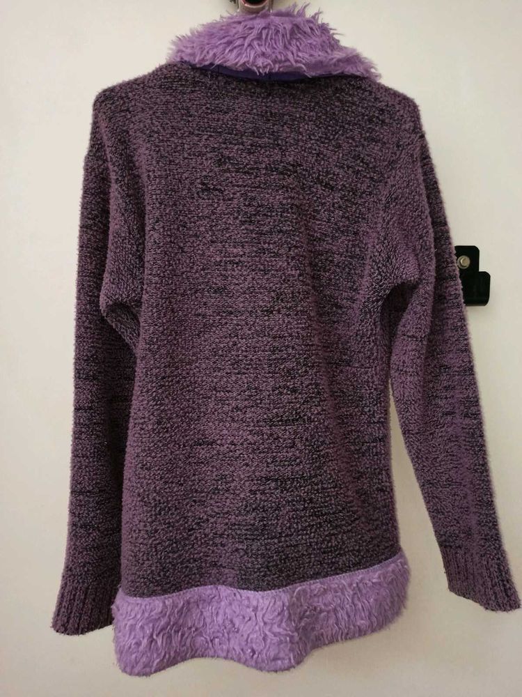Purple Fuzzy Trim Knit Sweater
