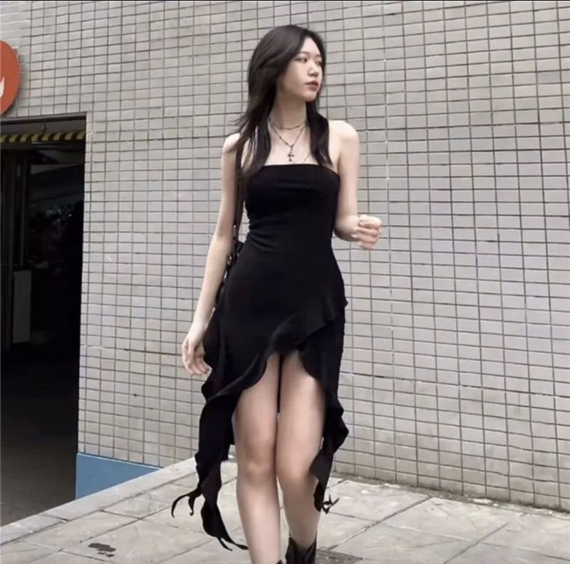 Ruffle tube Chic Black Asymmetrical Dress