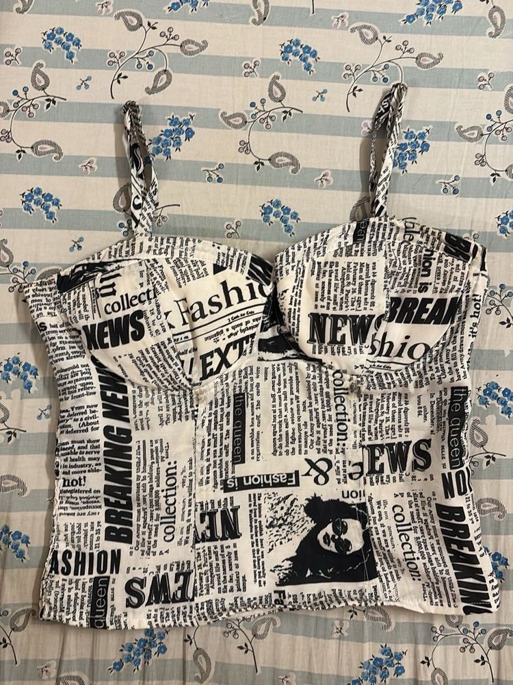 Newspaper Print Bustier Crop Top