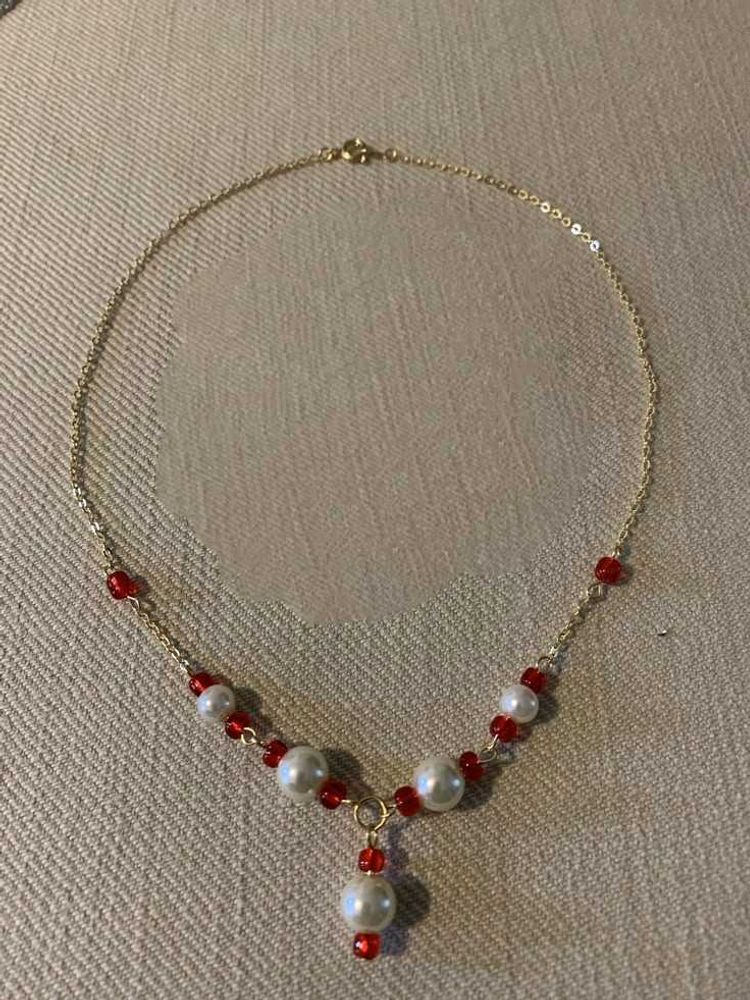Pearl &amp; Red Bead Gold Chain Necklace