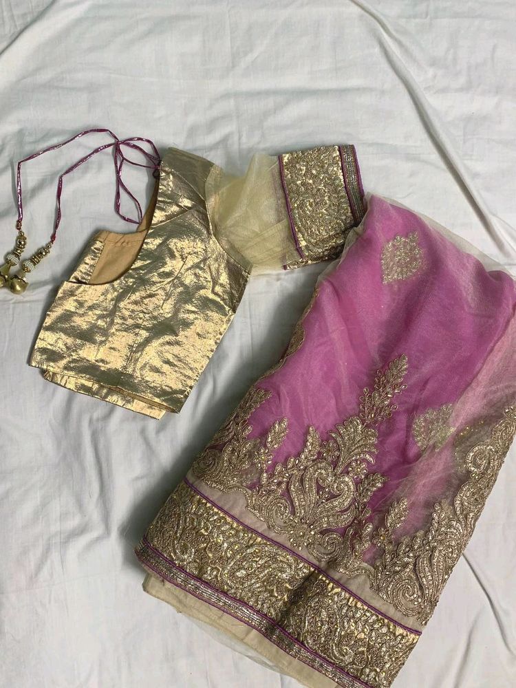 Two Colours Net Saree With Blouse