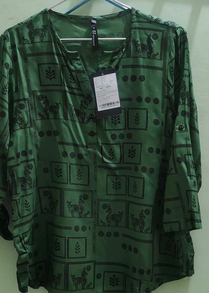Green Casual Roll Up Sleeves  Top