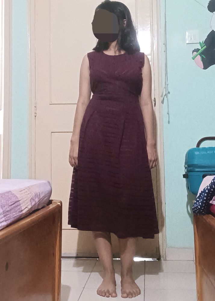 Maroon Midi Dress For Women With Lining