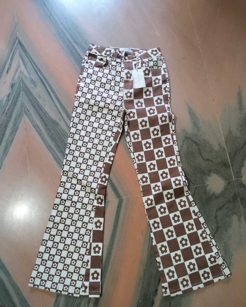 Retro Floral Checkerboard Flare Jeans