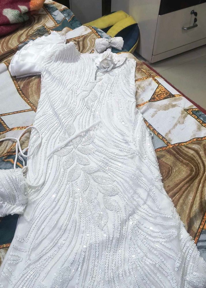 Girls' White Dress with Bow