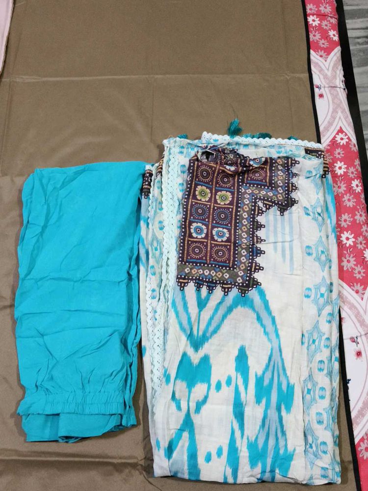 Teal &amp; White Printed Kaftan Suit Set