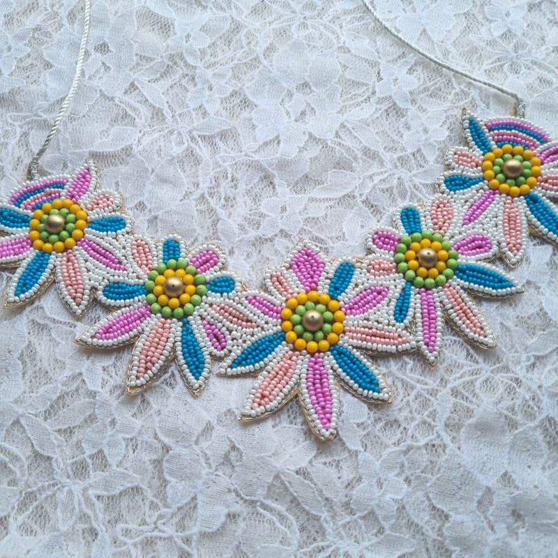 Blue Pink Beaded Floral Necklace Set