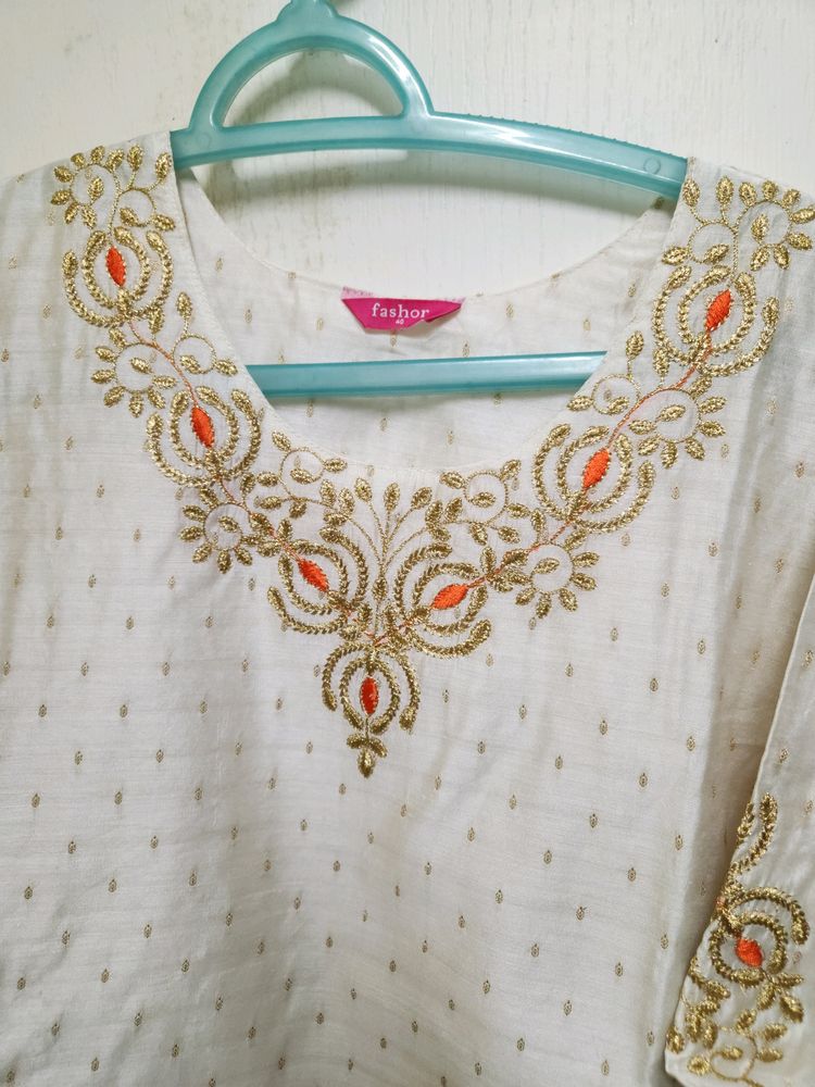 Cream And Orange Chanderi Silk KURTI