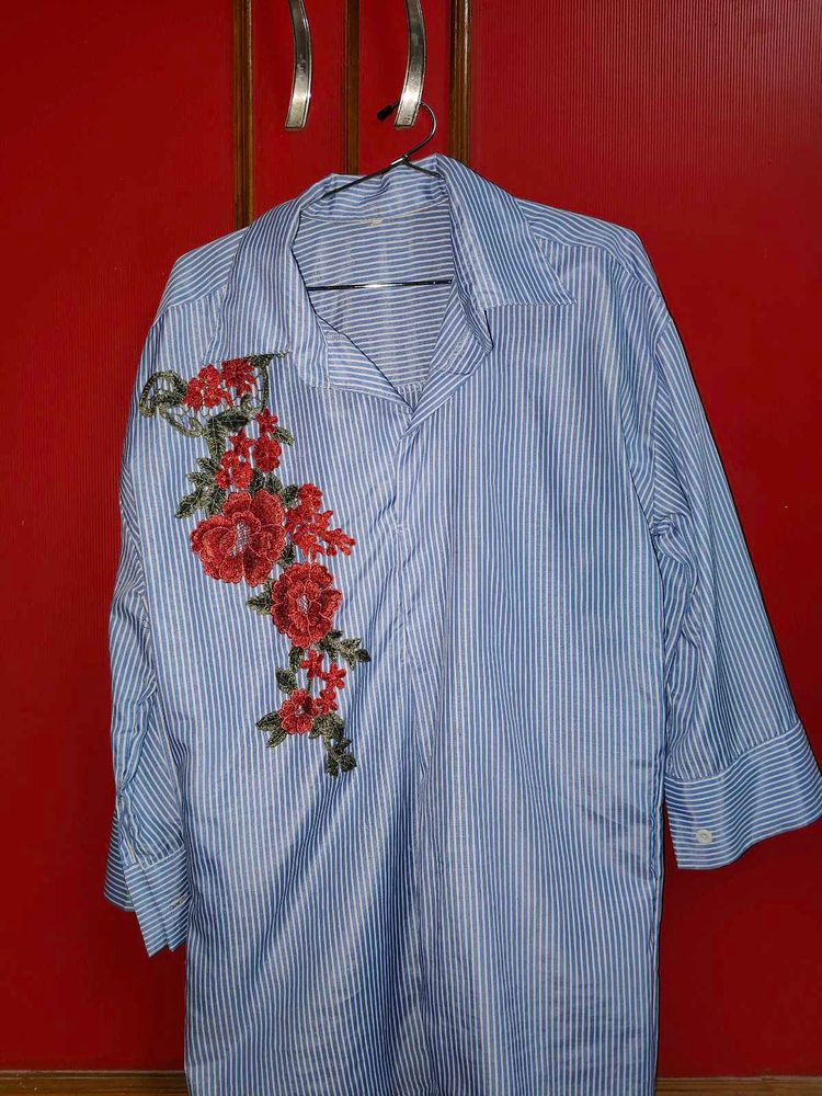 Blue Striped Shirt With Flowers