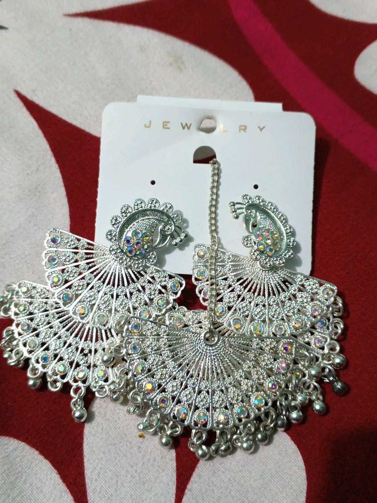 Silver Peacock Earrings Maang Tikka Set
