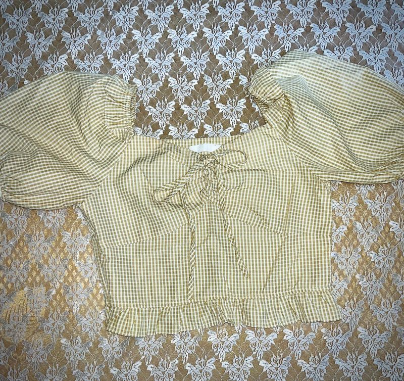 Gingham Puff Sleeve Tie-Front Crop Top