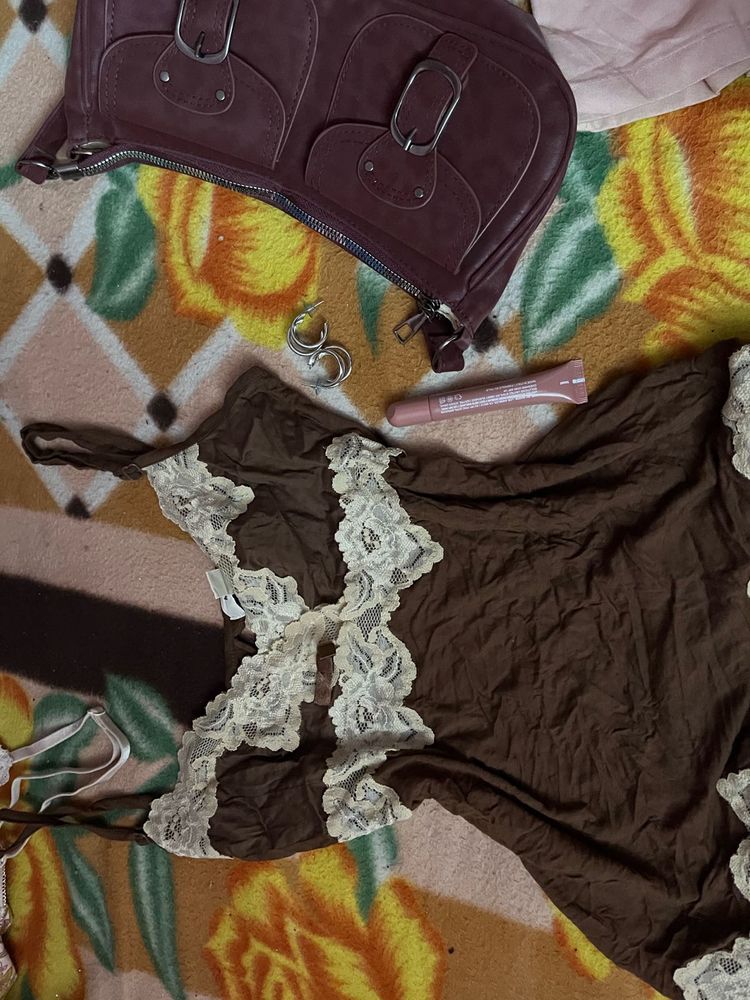 Brown Lace Trim Cami Top