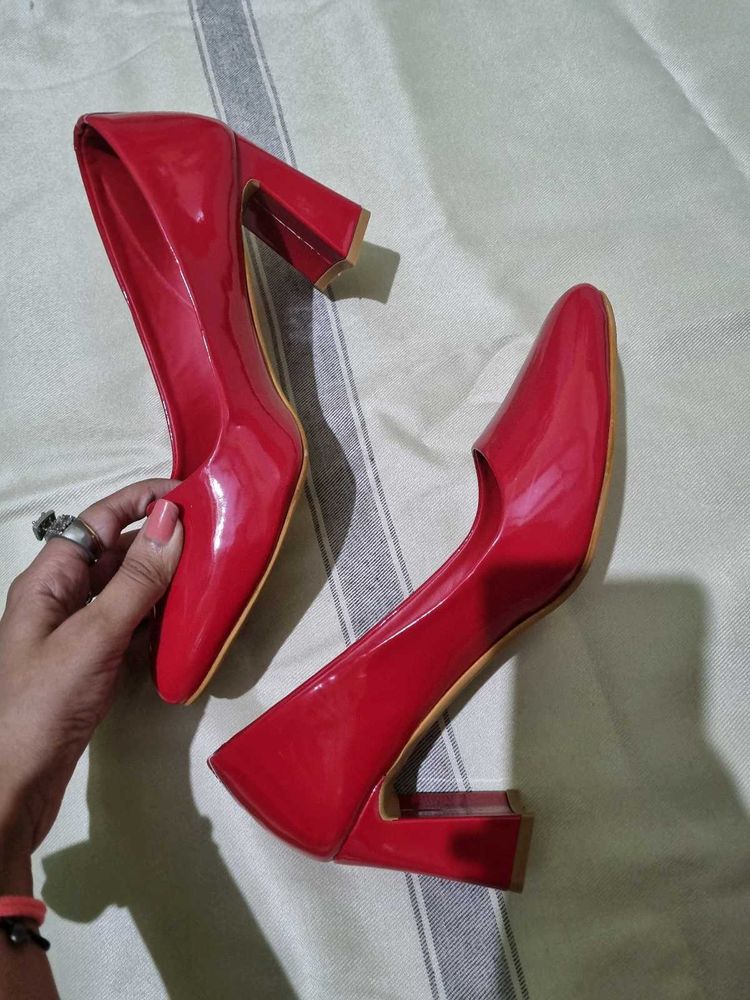 Red Patent Leather Block Heel Pumps