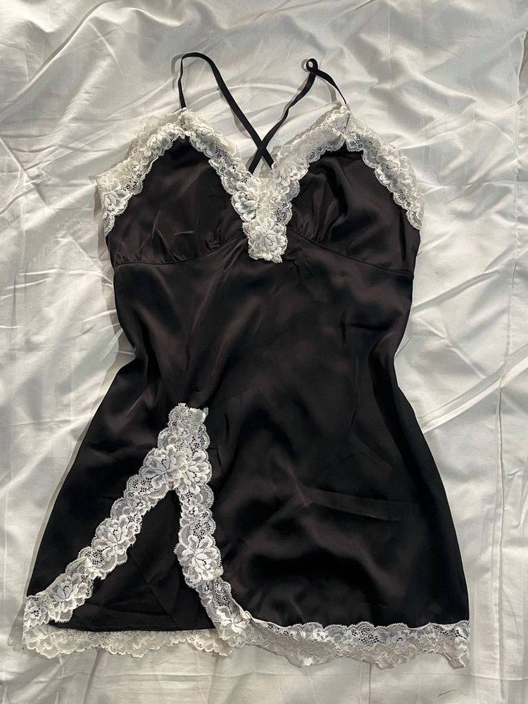 Black Lace Trim Mini Slip Dress