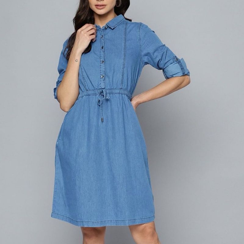 Women Blue Pure Cotton Solid Denim Shirt Dress