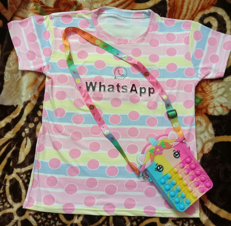Combo Set Of Cute Unicorn Popit Bag Unicorn Coloured Shirt And Hair Clip