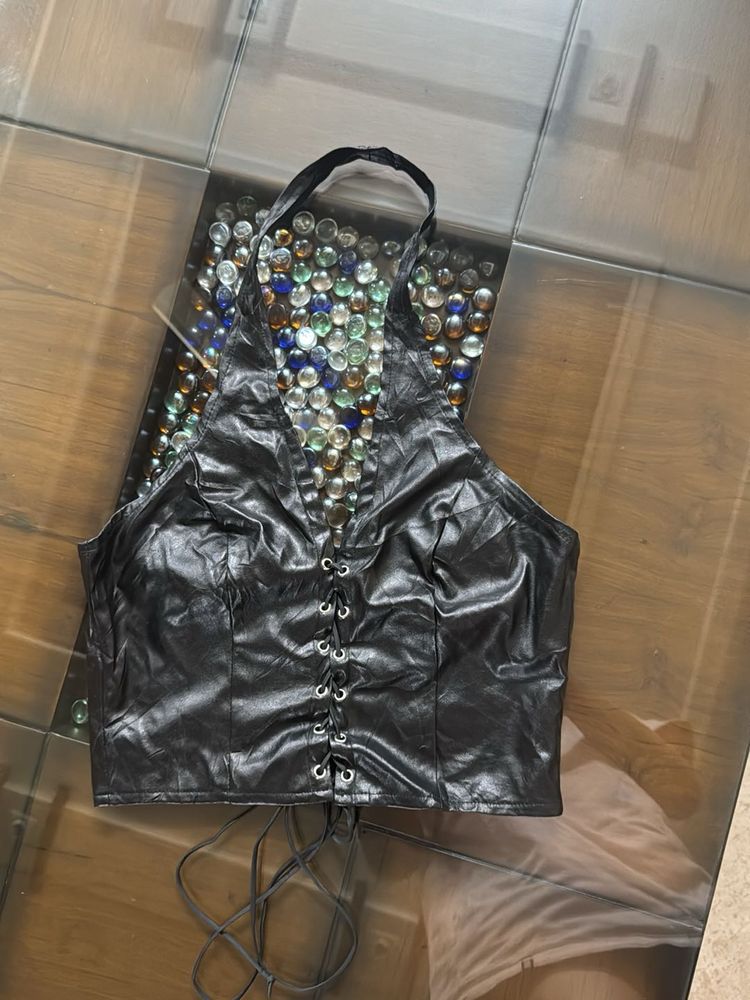 Black Faux Leather Halter Top