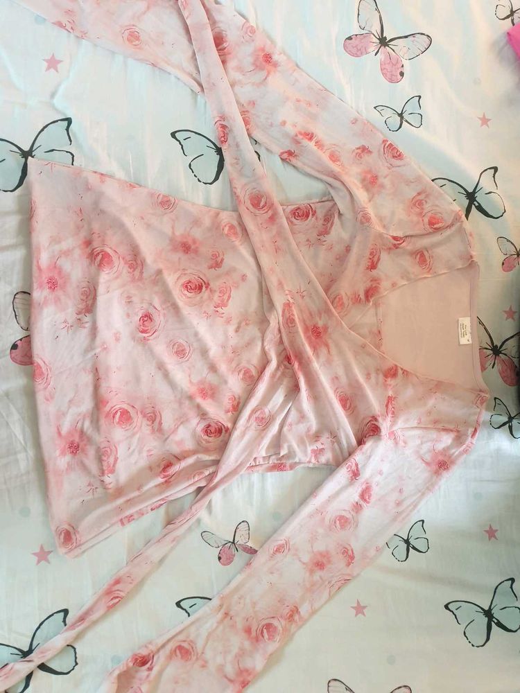 Pink Rose Print Wrap Top