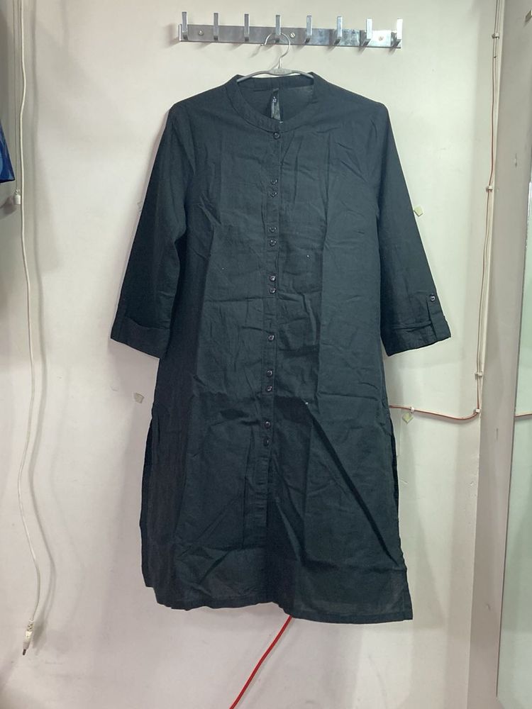 Black Cotton Button Kurti With Stand Collar